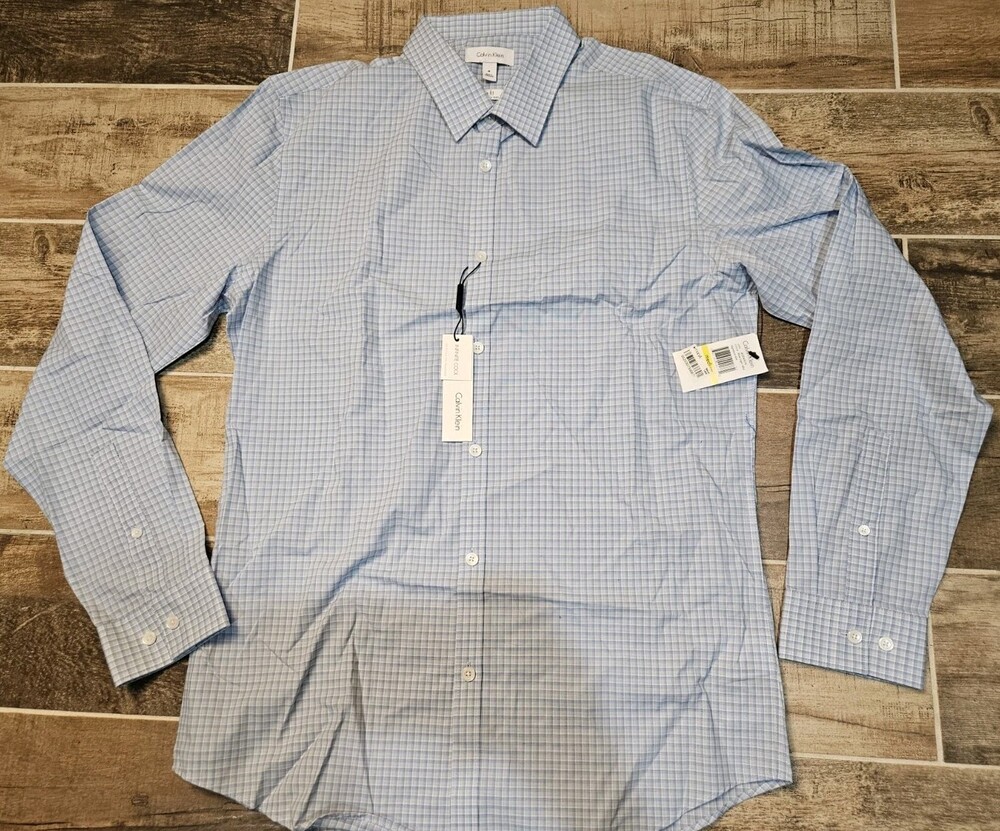 Calvin Klein Men’s Size M Slim Fit Non-Iron Gray Blue Check Dress shirt